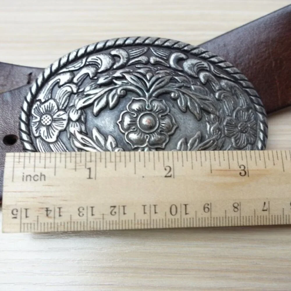 VINTAGE Cowboy Brown Leather Belt Men 46 XXL EDDIE BAUER Western Buckle USA RARE